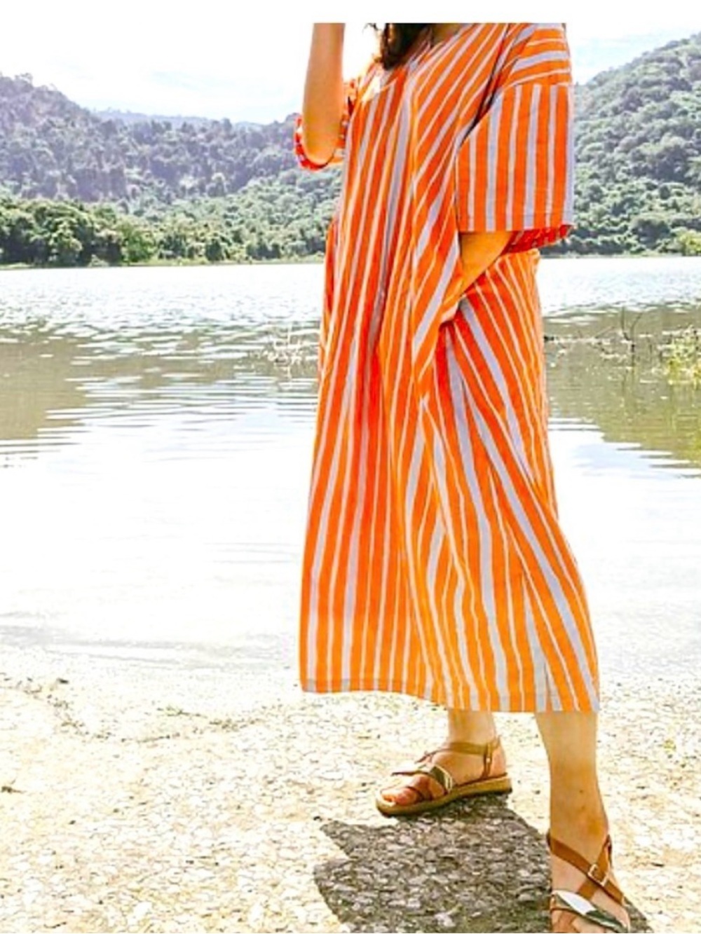 Marimekko x Uniqlo Orange and Blue striped Kaftan Dress XXS